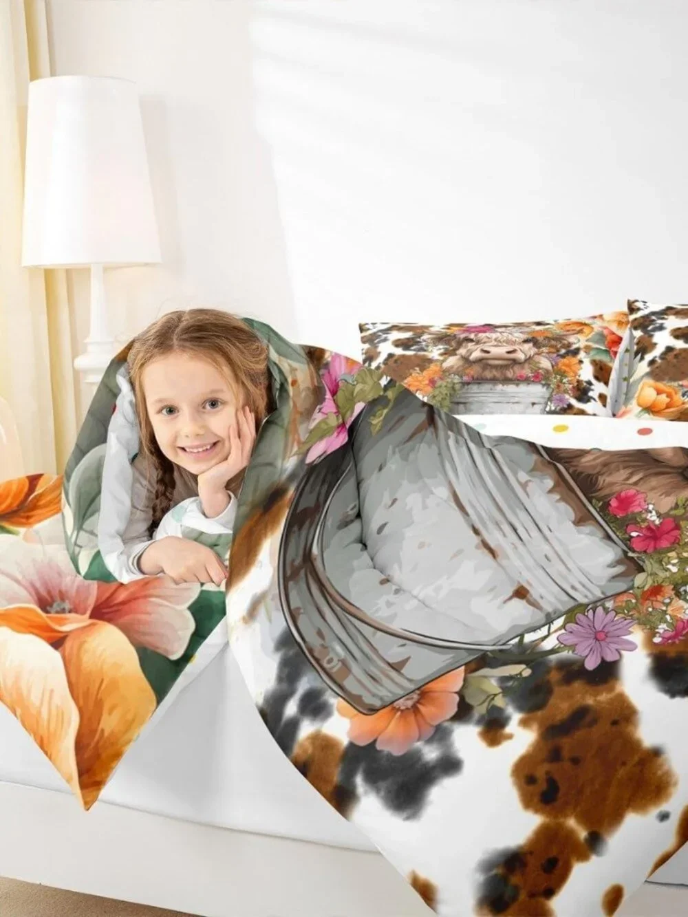 Highland Cattle Cup Comforter Set for Kids Adults,Retro Cow Skin Farmhouse Anima